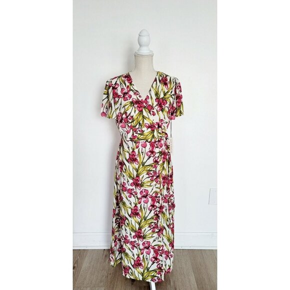 June & Hudson Pink Green Floral Wrap Dress Flutter Cottagecore Midi Maxi Long M - Picture 1 of 12